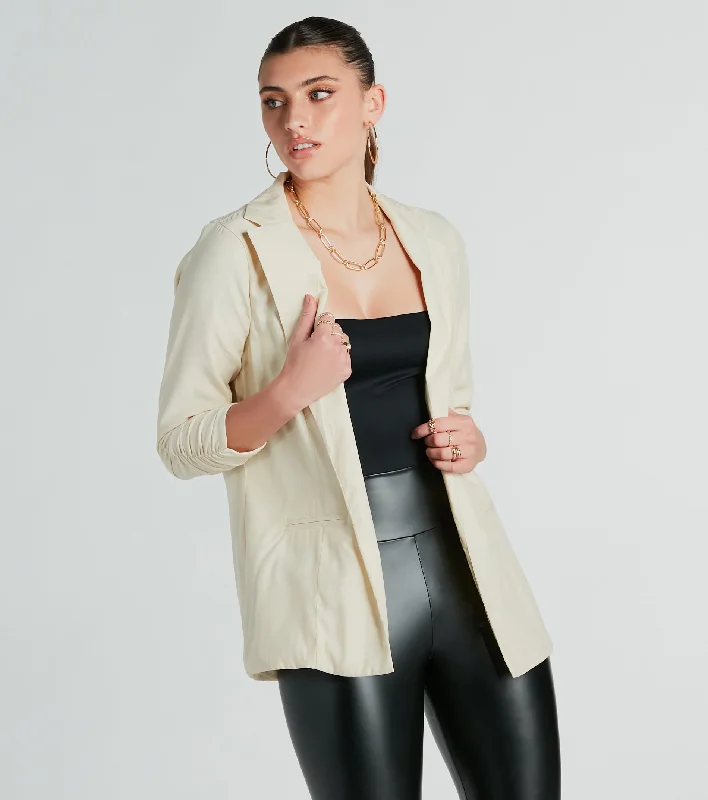 She's Chic Ruched-Sleeve Twill Blazer